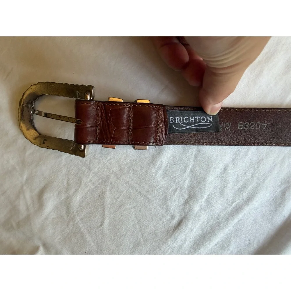 Brighton Brown Crocodile Embossed Leather Western Belt Silver Braided Buckle 32